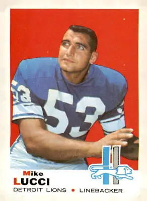 Vintage football trading card of Mike Lucci from 1969 Topps #167 featuring Detroit Lions