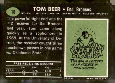 Tom Beer football card from 1969 Topps #18 showcasing Tom Beer football memorabilia