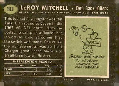 Vintage Leroy Mitchell Houston Oilers trading card from 1969 Topps #183