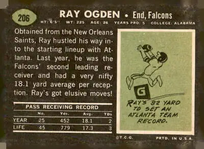 Vintage Ray Ogden football card from 1969 Topps #206 featuring Ray Ogden football player