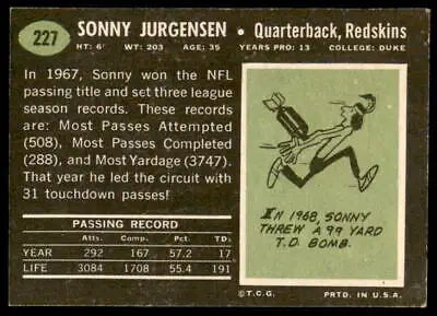 Vintage Sonny Jurgensen football card from 1969 Topps #227 VG-EX collection