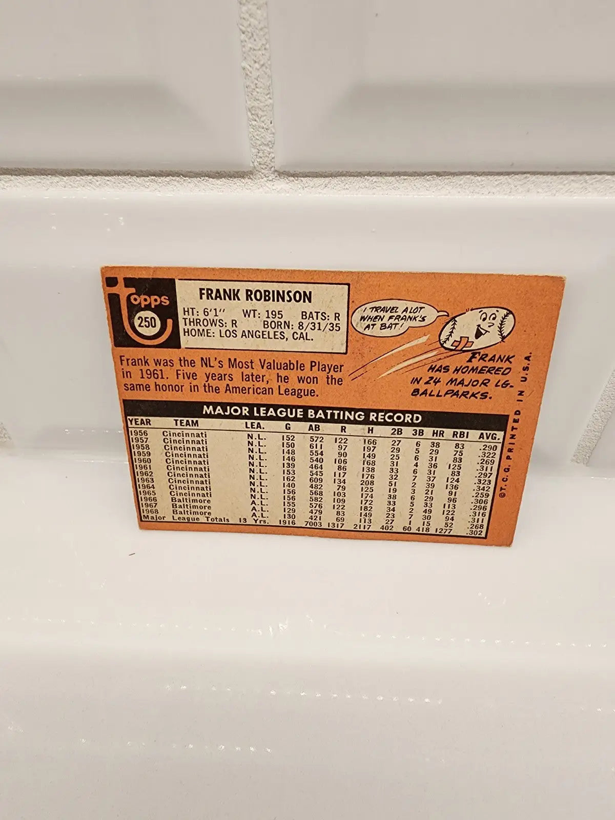 Vintage Frank Robinson baseball card from 1969 Topps #250, a prized trading card of Frank Robinson