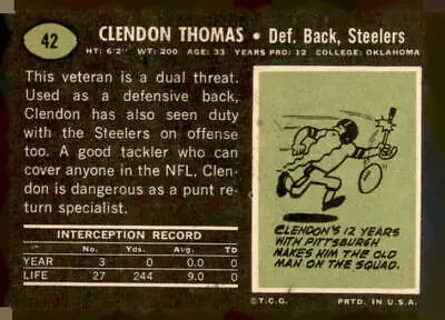 1969 Topps Clendon Thomas football card showcasing Clendon Thomas football memorabilia