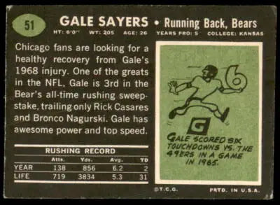 Vintage Gale Sayers trading card from 1969 Topps #51 Chicago Bears collectible