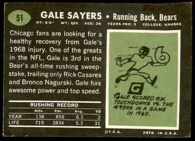 Vintage Gale Sayers football card from 1969 Topps featuring Chicago Bears player