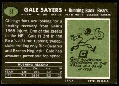 Vintage football card featuring Gale Sayers of the Chicago Bears from 1969 Topps #51
