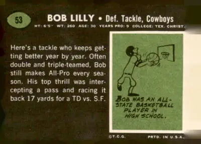 1969 Topps Bob Lilly Dallas Cowboys football card showing a vintage football collectible