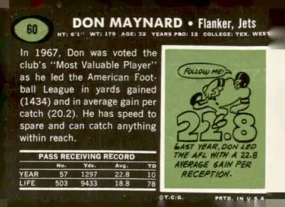 Back of 1969 Topps Don Maynard football card featuring York Jets trading card details