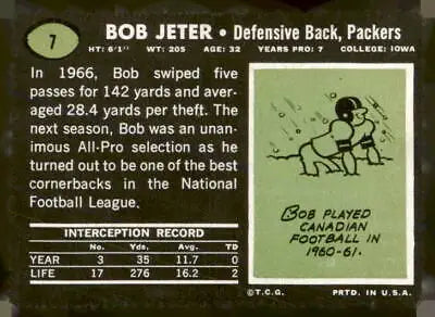 Vintage Bob Jeter football card from 1969 Topps #7 featuring Green Bay Packers star