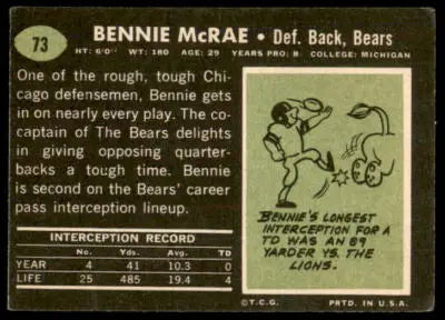 Vintage Bennie McRae football card from 1969 Topps series showcasing Bennie McRae football memorabilia