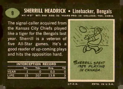 Vintage 1969 Topps Sherrill Headrick football card back featuring player details