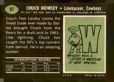 1969 Topps Chuck Howley football card showcasing a Chuck Howley trading card collectible