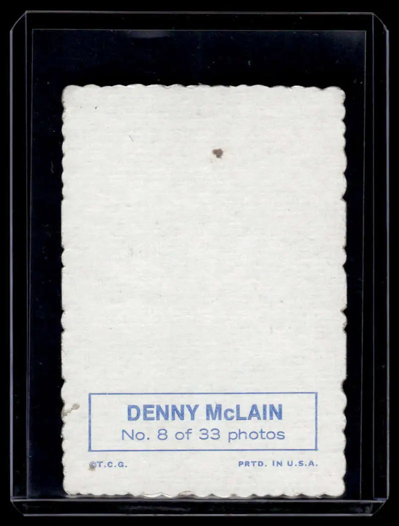 Back of 1969 Topps Deckle Edge Denny McLain No. 8 card featuring Detroit Tigers