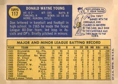 Back of the 1970 Topps #117 Don Young baseball card showing player stats
