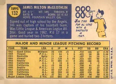 Vintage Jim McGlothlin baseball card back from 1970 Topps #132 featuring player details
