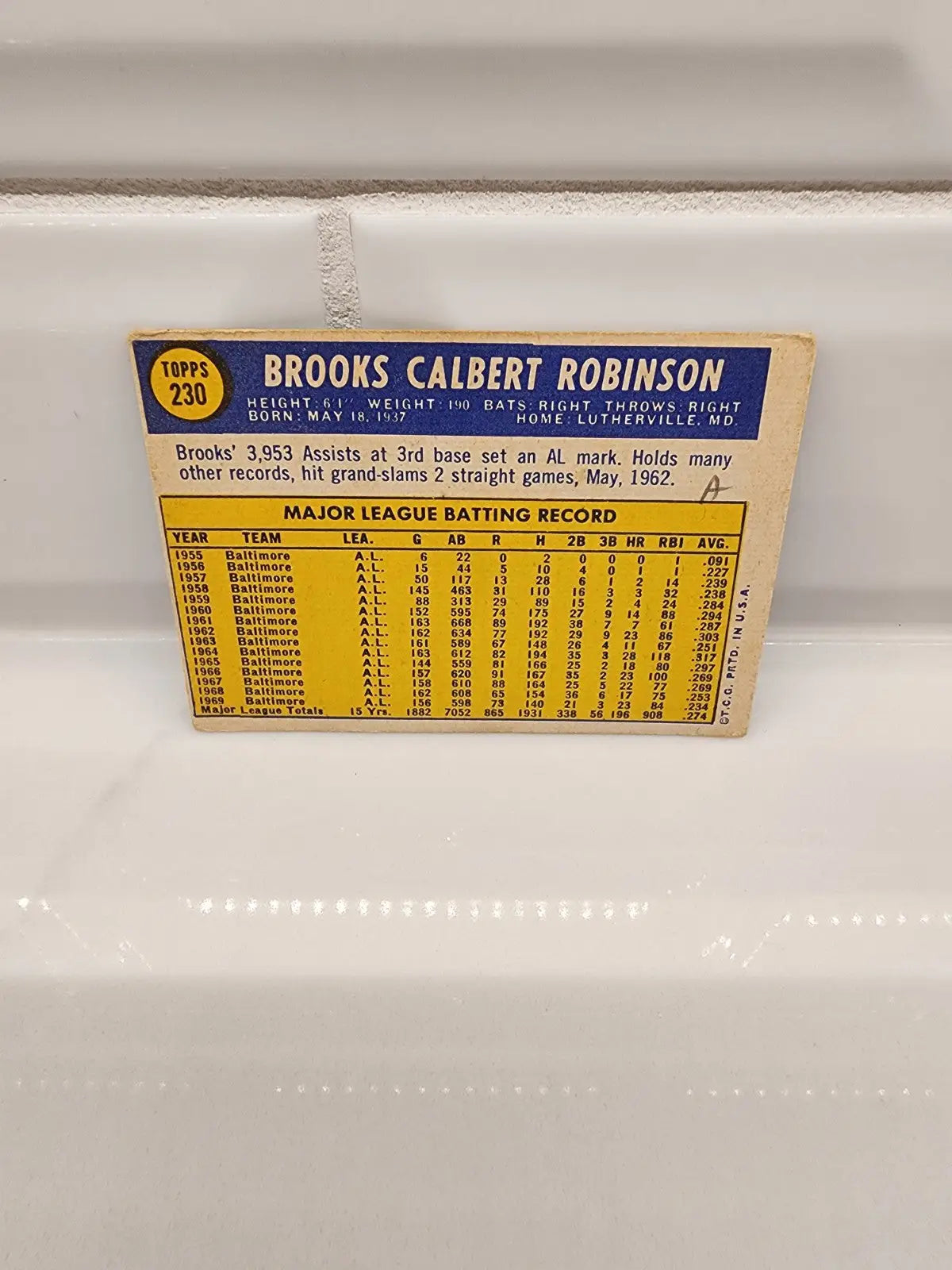 Vintage 1970 Topps Brooks Robinson baseball trading card side view