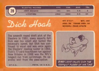 Vintage Dick Hoak football card from 1970 Topps #28, a classic sports trading card