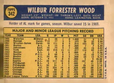 Vintage Wilbur Wood card from the 1970 Topps #342 Chicago White Sox baseball card