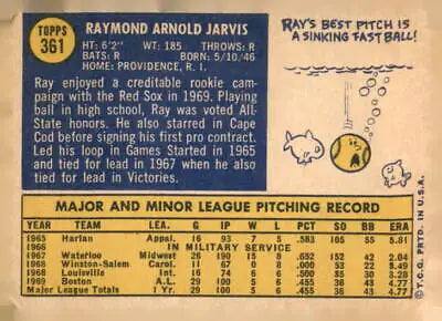 Vintage 1970 Topps Ray Jarvis baseball card back featuring Boston Red Sox team info