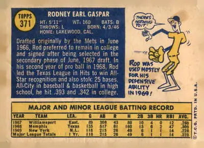 Back of 1970 Topps Rod Gaspar baseball card featuring detailed stats and career info