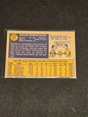 Back of 1970 Topps #377 Bill Butler baseball card showcasing Butler baseball card details