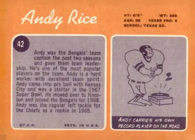 Vintage Andy Rice trading card from 1970 Topps #42 showcasing classic football memorabilia