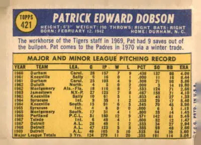 Vintage 1970 Topps Pat Dobson baseball card back display showcasing Dobson baseball card features