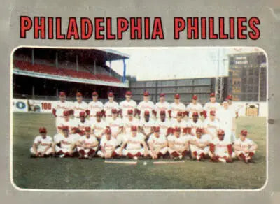 Vintage Philadelphia Phillies baseball team photo from 1970 Topps MLB season with classic design