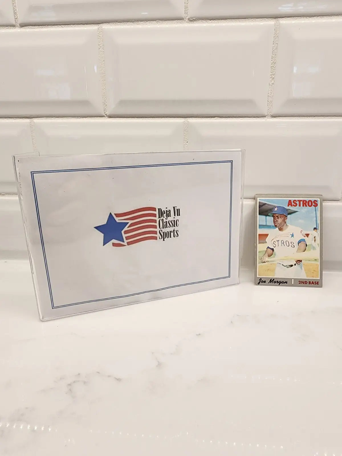 Vintage 1970 Topps Joe Morgan trading card with Deja Vu Classic Sports package