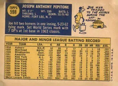 Vintage Joe Pepitone baseball card from 1970 Topps #598 VG featuring Joe Pepitone