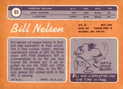 Vintage football trading card of Cleveland Browns player Bill Nelsen from 1970 Topps
