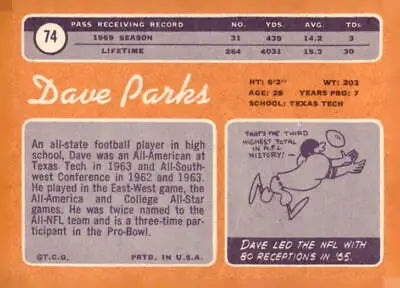 Vintage Dave Parks football card from 1970 Topps #74, a collectible Dave Parks trading card