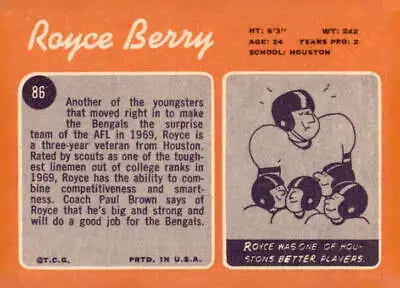 Vintage football trading card featuring Royce Berry from 1970 Topps #86