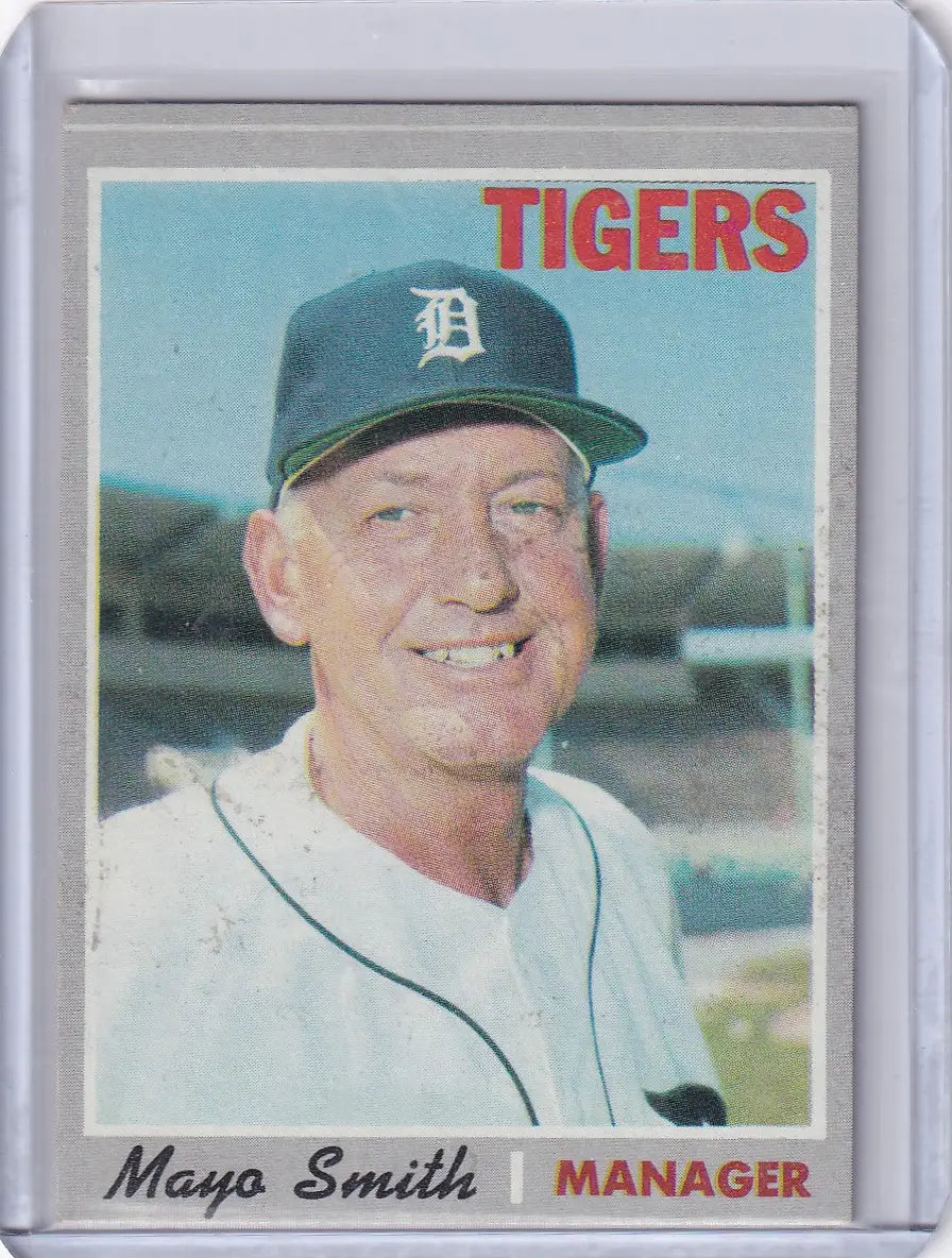 1970 Topps Baseball card of Mayo Smith in Detroit Tigers uniform smiling