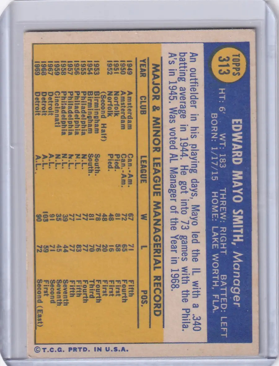 1970 Topps Baseball #313 Mayo Smith card with statistics on a yellow background