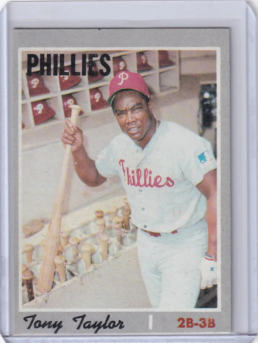 1970 Topps Baseball card of Tony Taylor, Philadelphia Phillies player with bat