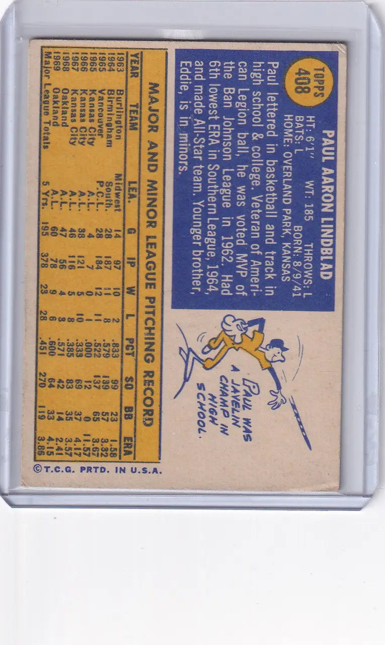 Vintage 1970 Topps Baseball card of Paul Lindblad from Oakland Athletics with player stats