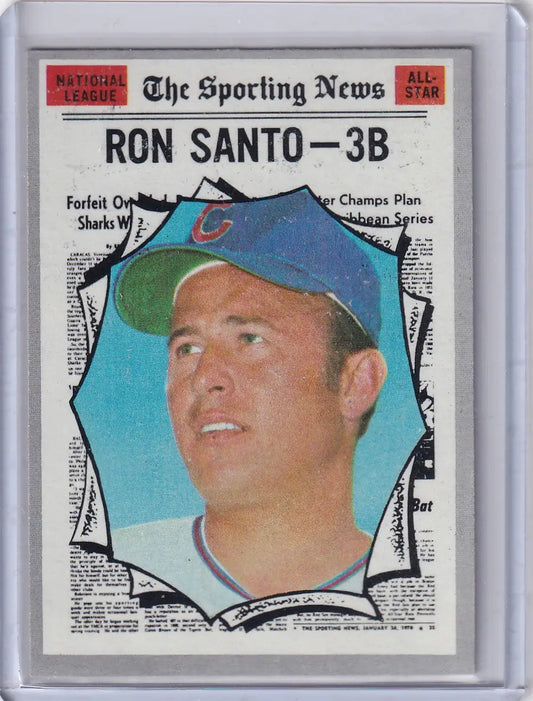 Baseball card of Ron Santo from Topps Baseball featuring Chicago Cubs blue cap with red C