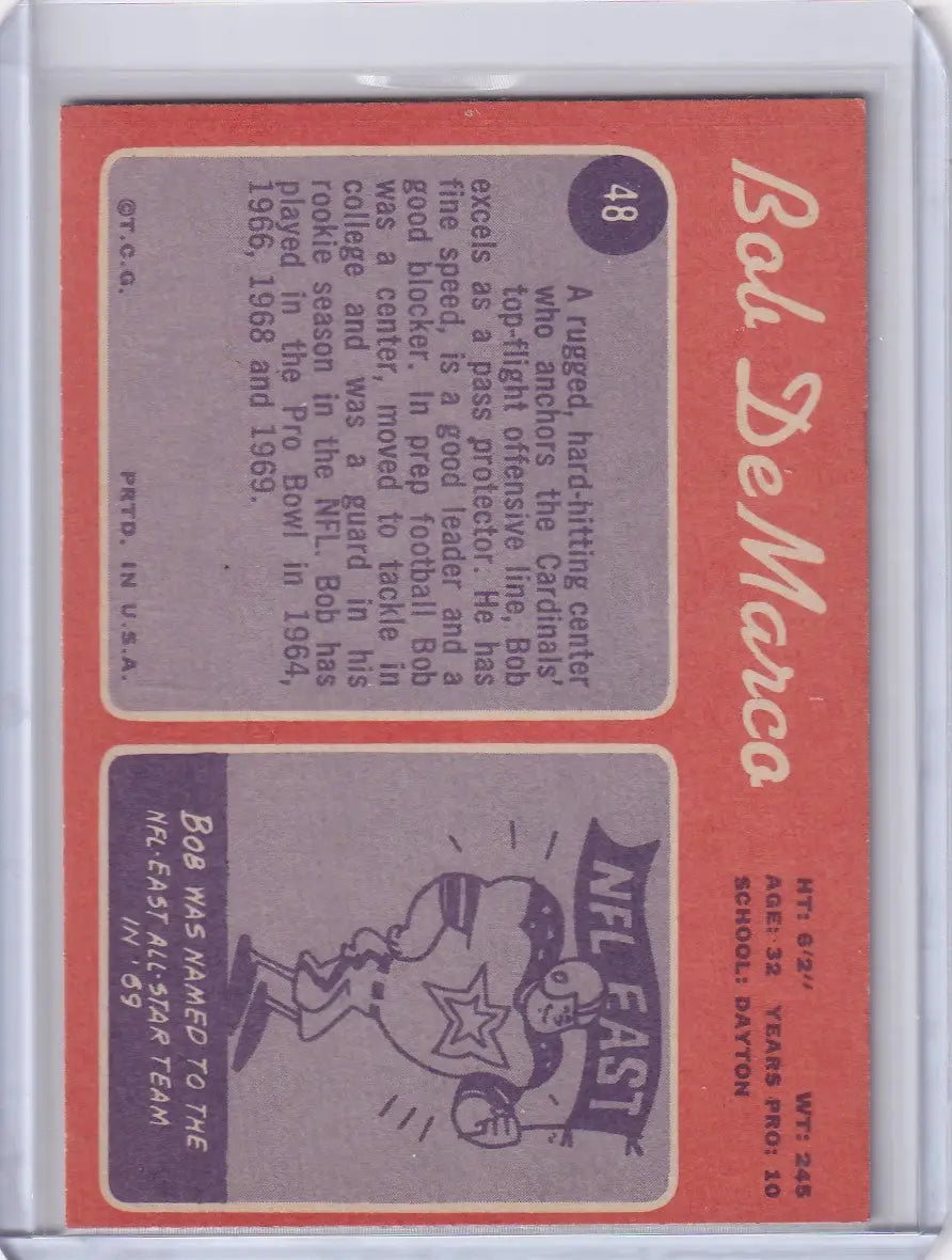 Baseball trading card of Bob DeMarco with stats for Topps Football, St. Louis Cardinals