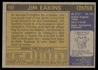 Vintage basketball card back featuring Jim Eakins and Virginia Squires from 1971-72 Topps