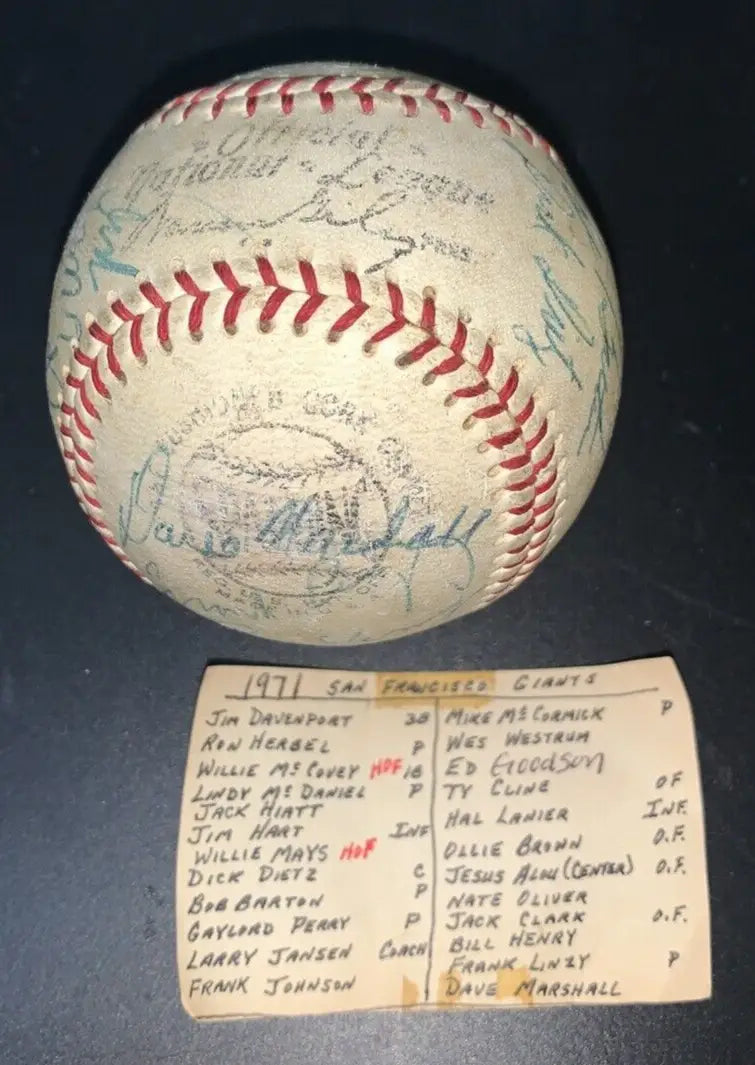 Signed 1971 San Francisco Giants baseball with roster card featuring 24 signatures