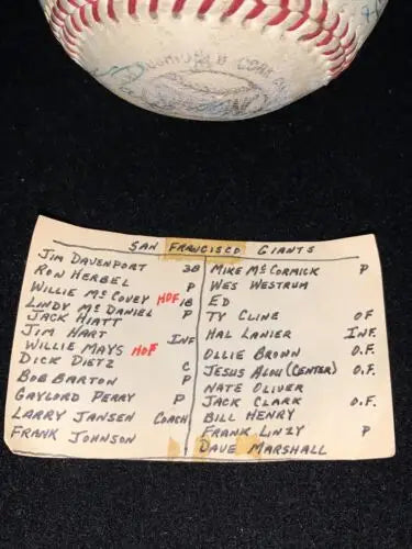 Signed San Francisco Giants baseball and roster card featuring 24 player signatures