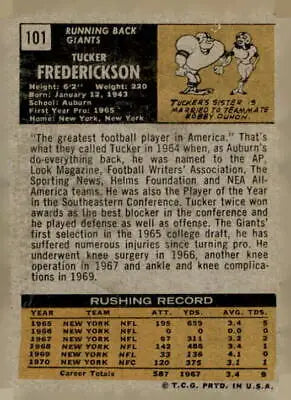 Vintage football trading card featuring Tucker Frederickson from York Giants 1971 Topps #101