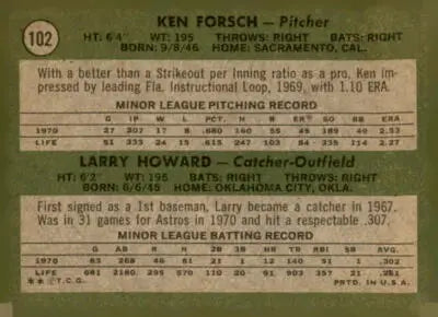 Baseball card back featuring rookie stars Ken Forsch and Larry Howard from 1971 Topps