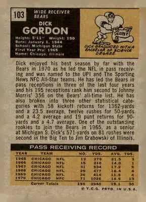 1971 Topps Dick Gordon football card featuring Chicago Bears player