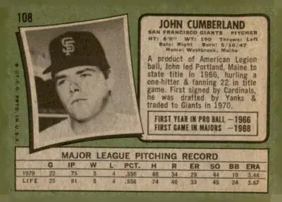 Vintage 1971 Topps John Cumberland baseball card featuring San Francisco Giants player