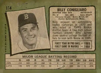 Vintage 1971 Topps Billy Conigliaro baseball card featuring Billy Conigliaro player image