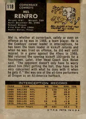 Vintage football card back featuring 1971 Topps Mel Renfro football card details