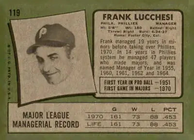 Vintage Frank Lucchesi trading card from 1971 Topps #119 in EX-NM condition