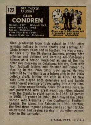 Vintage 1971 Topps Glen Condren Atlanta Falcons trading card for collectors